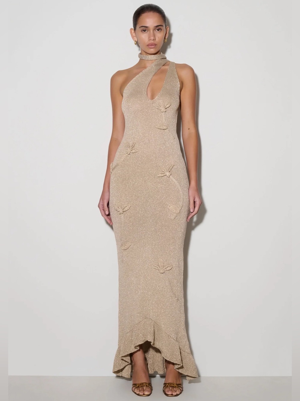 Meshki Celestino Floral Metallic Knit Maxi Dress - Gold XS